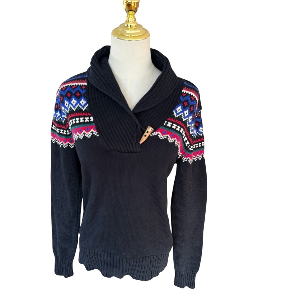 Lauren Ralph Lauren Black Shawl Collar Sweater with Blue and Red Fair Isle Yoke